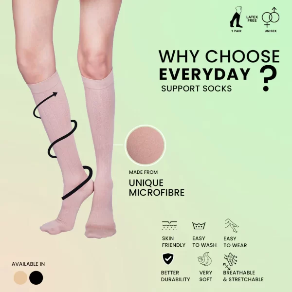 Sorgen Everyday compression socks for daily use. Reduces leg pain, calf pain, leg swelling and enhances lifestyle. Ideal health gift for everyone (Beige)